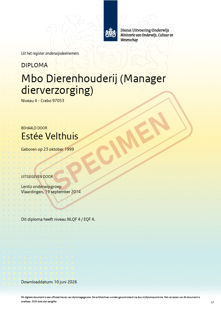 De afbeelding toont een voorbeelddiploma met visuele echtheidskenmerken.